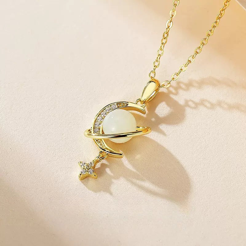 Authentic Hetian jade celestial pendant necklace with zirconia moon, star details and gold plated sterling silver chain