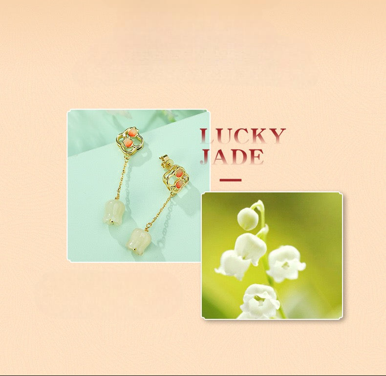 Lucky jade lily drop earrings inspired by lily of the valley with Hetian jade charms and gold plated details