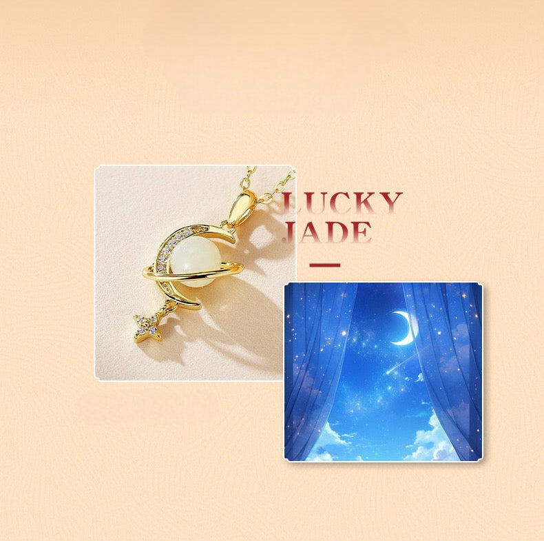 Gold plated sterling silver Hetian jade necklace with adjustable 45cm chain and celestial astronomy pendant