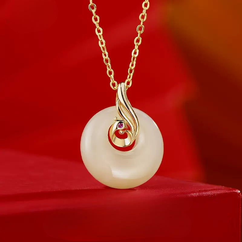 Authentic Hetian jade phoenix pendant necklace with ruby eyes and gold plated 925 sterling silver chain