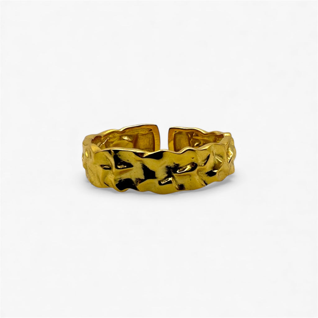 Textured gold open band ring with modern, minimalist design on a white background.