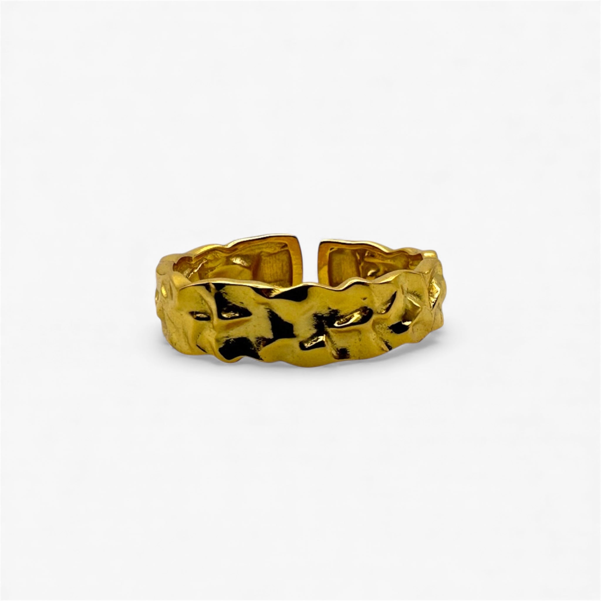 Textured gold open band ring with modern, minimalist design on a white background.
