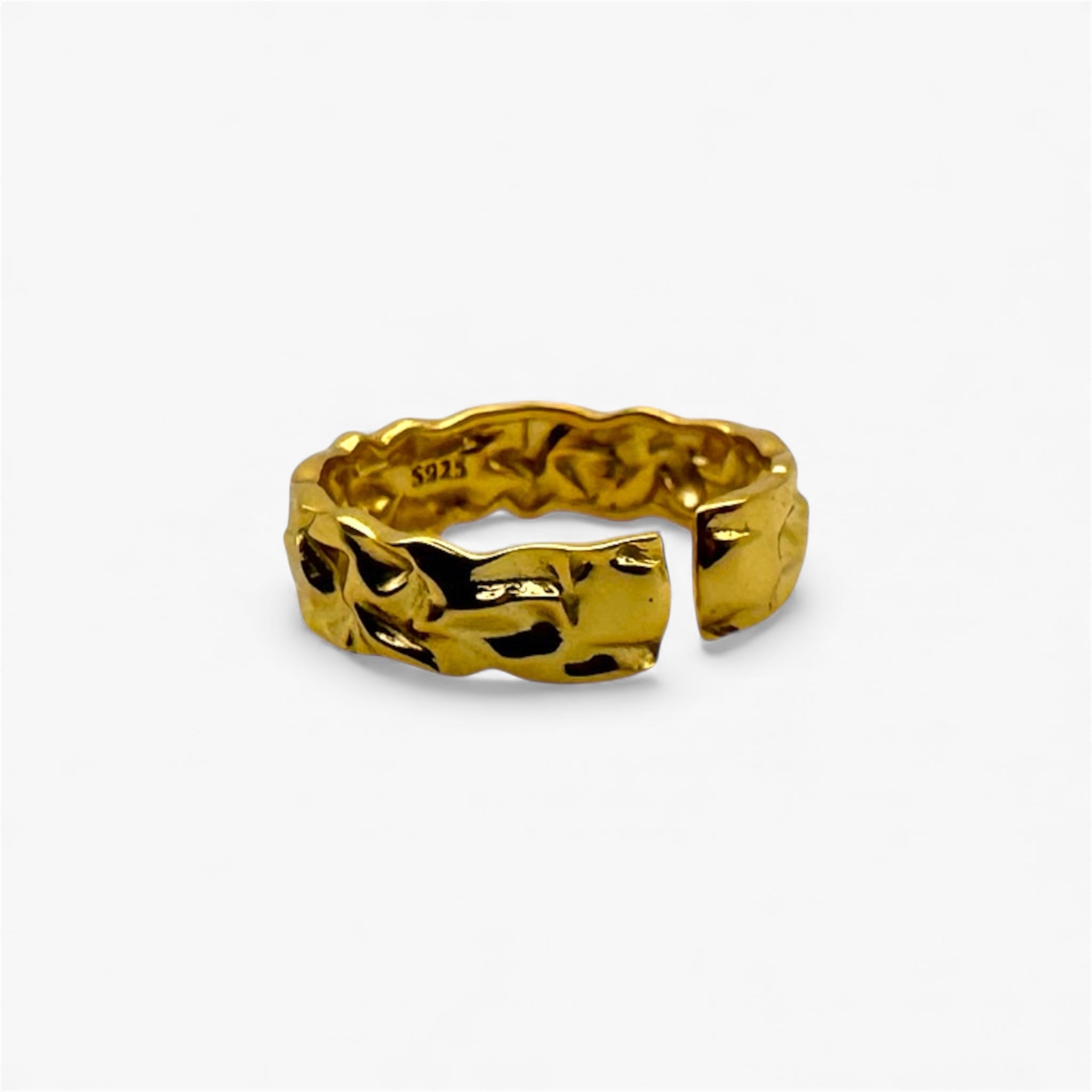 Gold textured adjustable open band ring on white background, modern minimalist jewelry