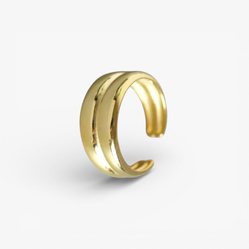 Minimalist gold-tone adjustable open ring with a double band design on white background