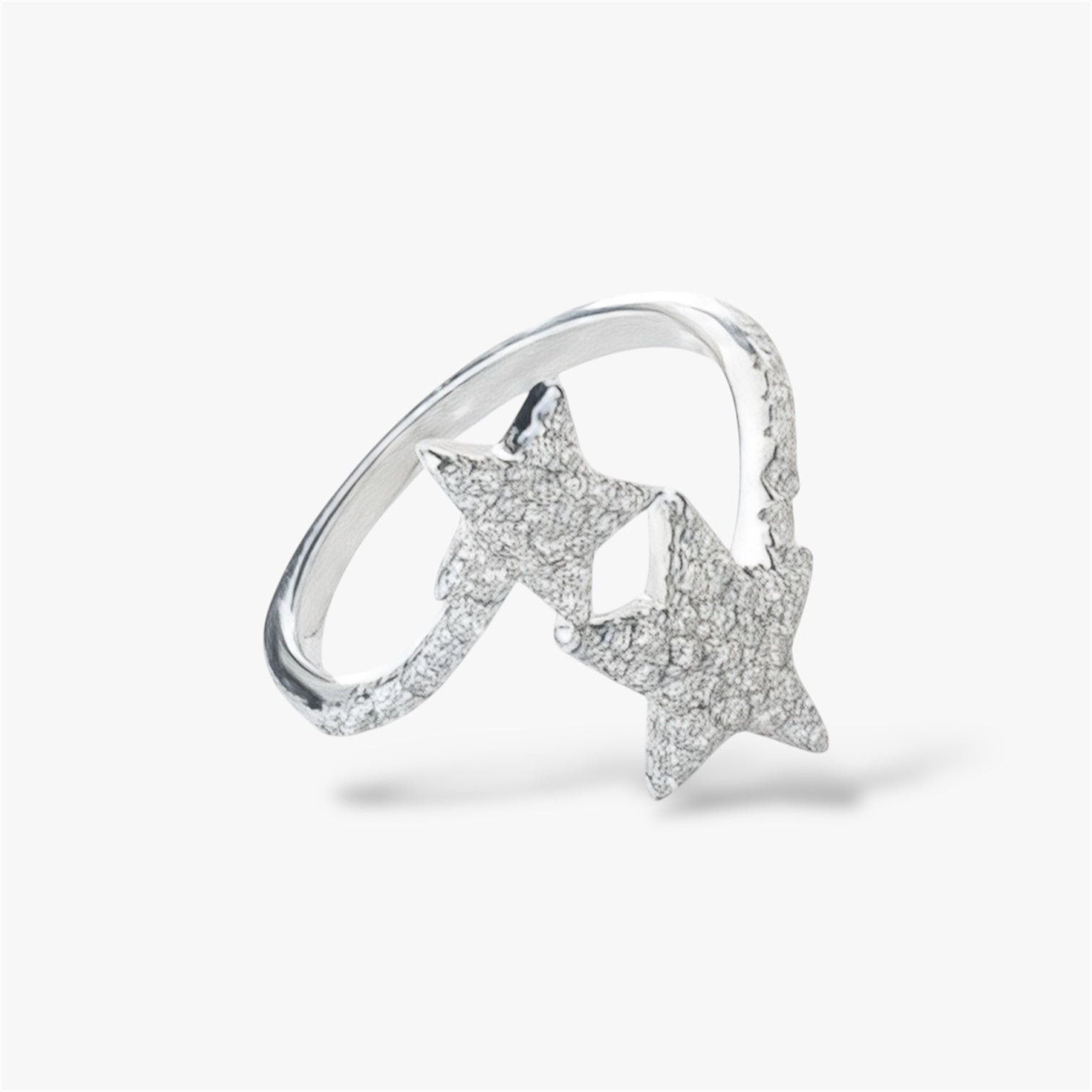 Sterling silver ring with two textured star motifs on white background