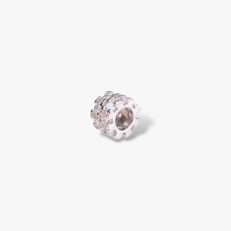 Silver-tone pavé cubic zirconia charm bead for minimalist jewelry on white background