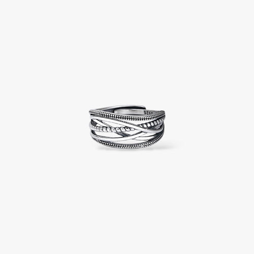 Textured sterling silver braided band ring minimalist modern design on white background