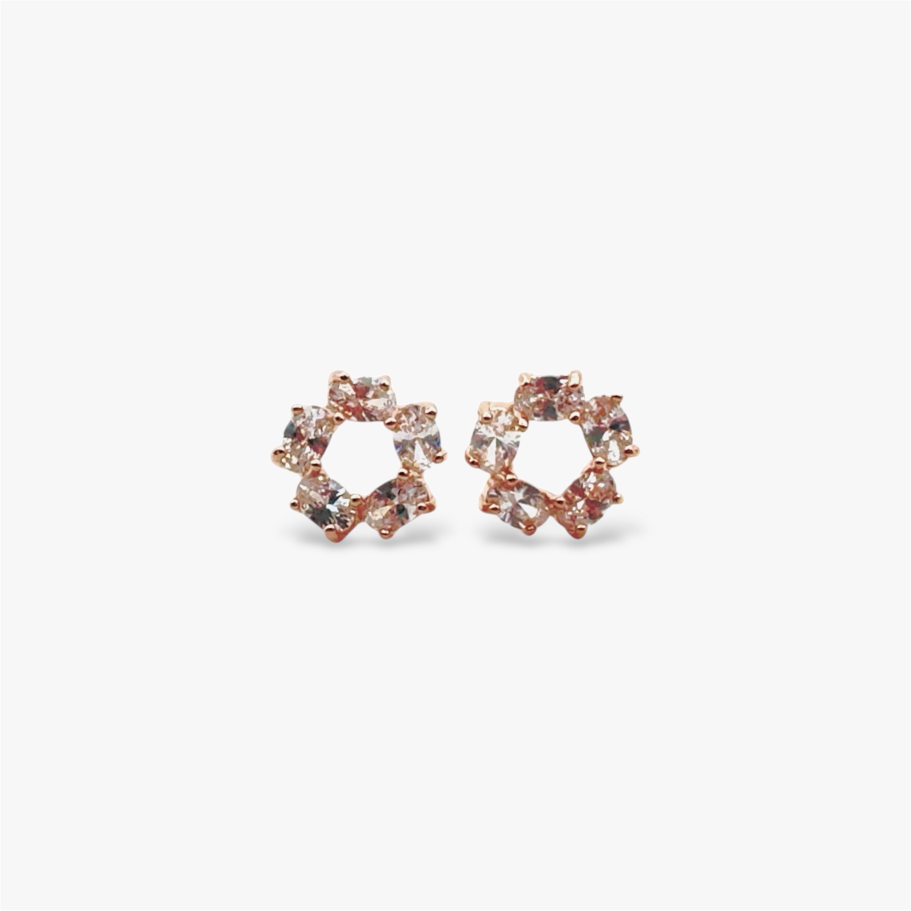 Sparkly circular crystal stud earrings in rose gold.