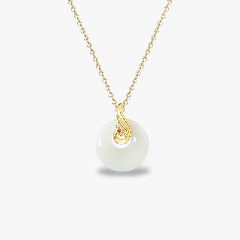 Verduri Mandarin Collection Hetian jade Phoenix necklace with gold plated sterling silver pendant and ruby eye detail