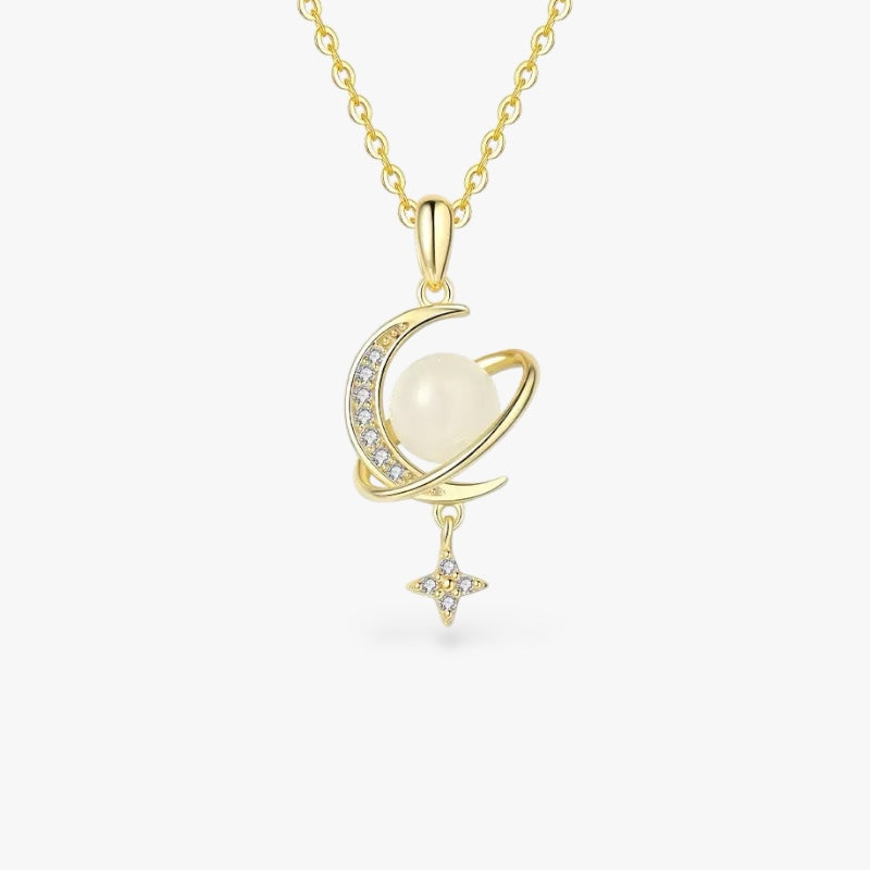Verduri Mandarin Hetian jade Lumen pendant necklace with gold plated sterling silver celestial moon and star design