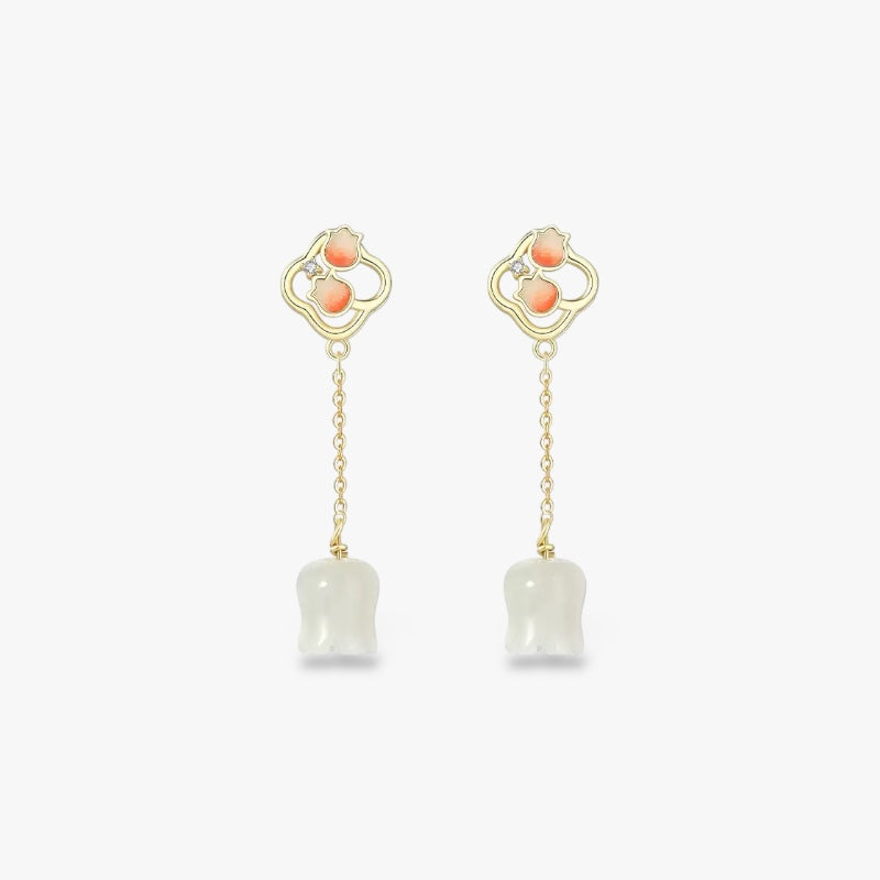 Verduri Mandarin Collection Hetian jade lily drop earrings with gold plated chain and enamel floral studs
